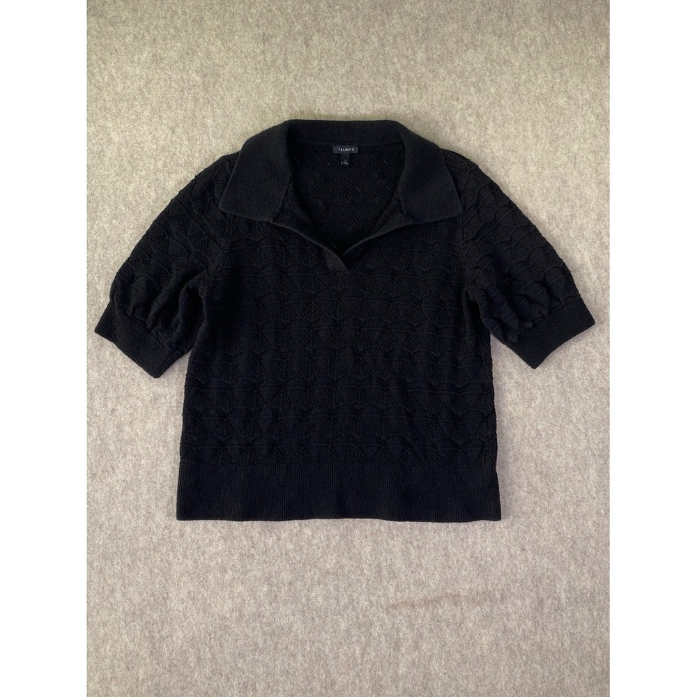Talbots Black‎ Short Sleeve Knit Polo Sweater Textured Crop Top L